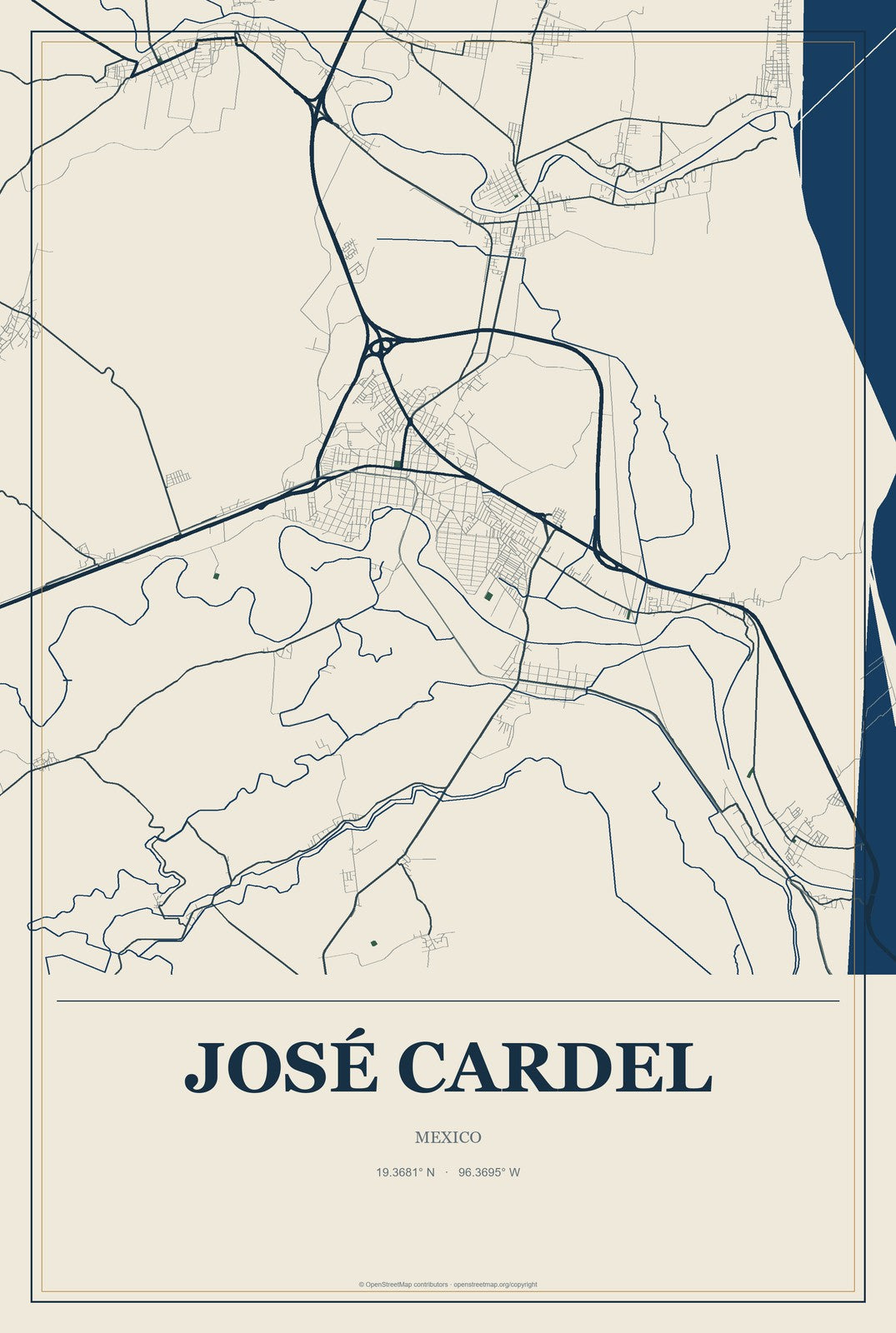 José Cardel, Mexico City Map Aluminum Sign in Coastal Cutout style