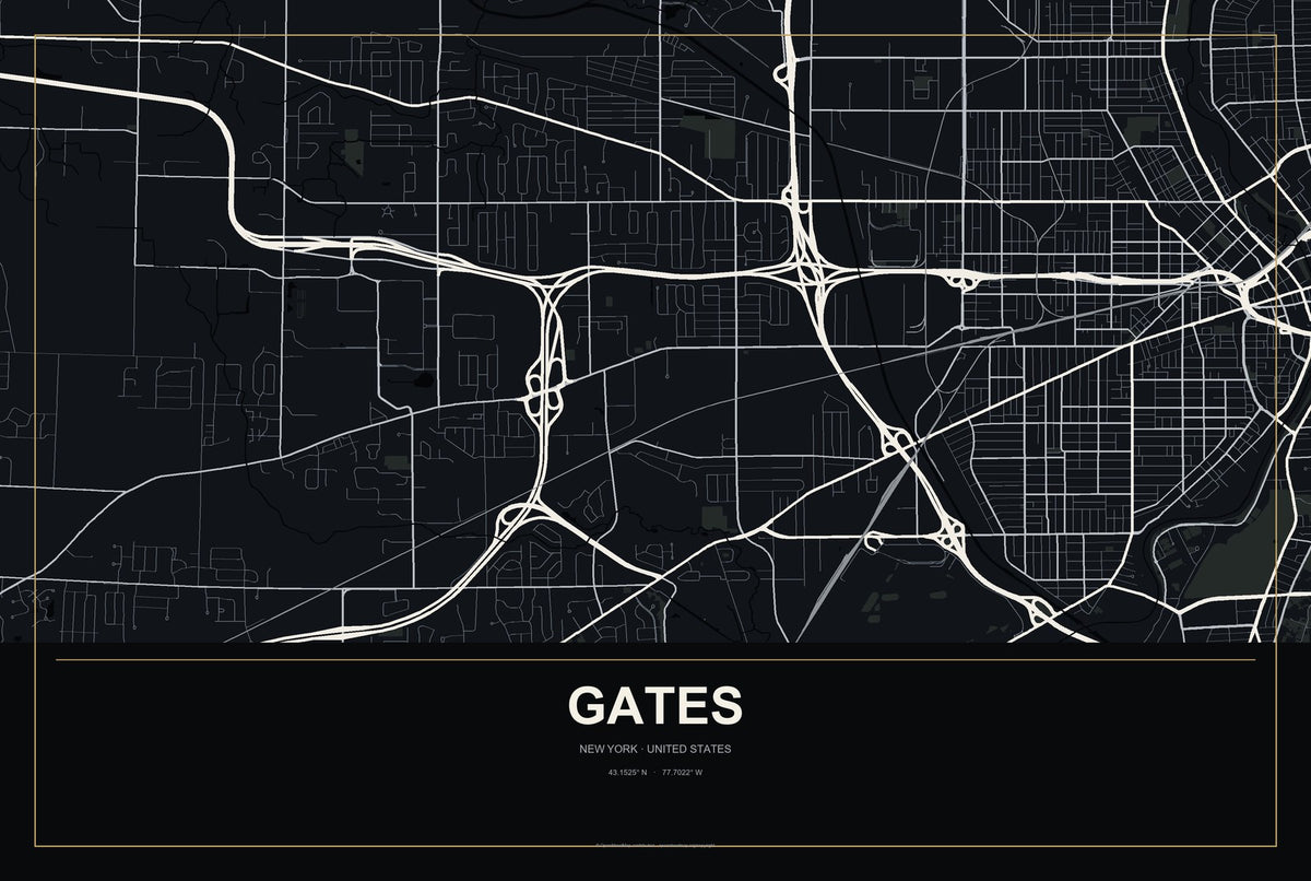 Gates, New York City Map Aluminum Sign in Metropolitan Noir style