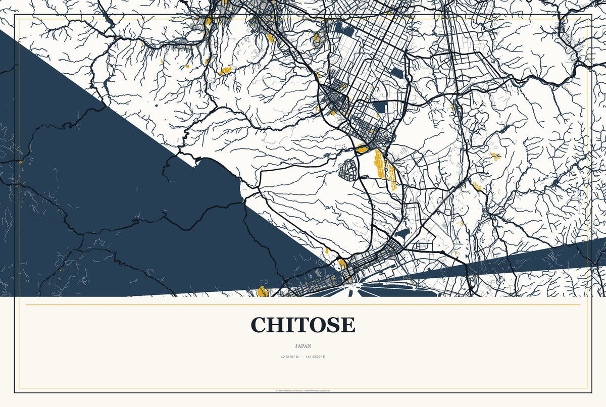 Chitose, Japan City Map Aluminum Sign in Citrine Modern style