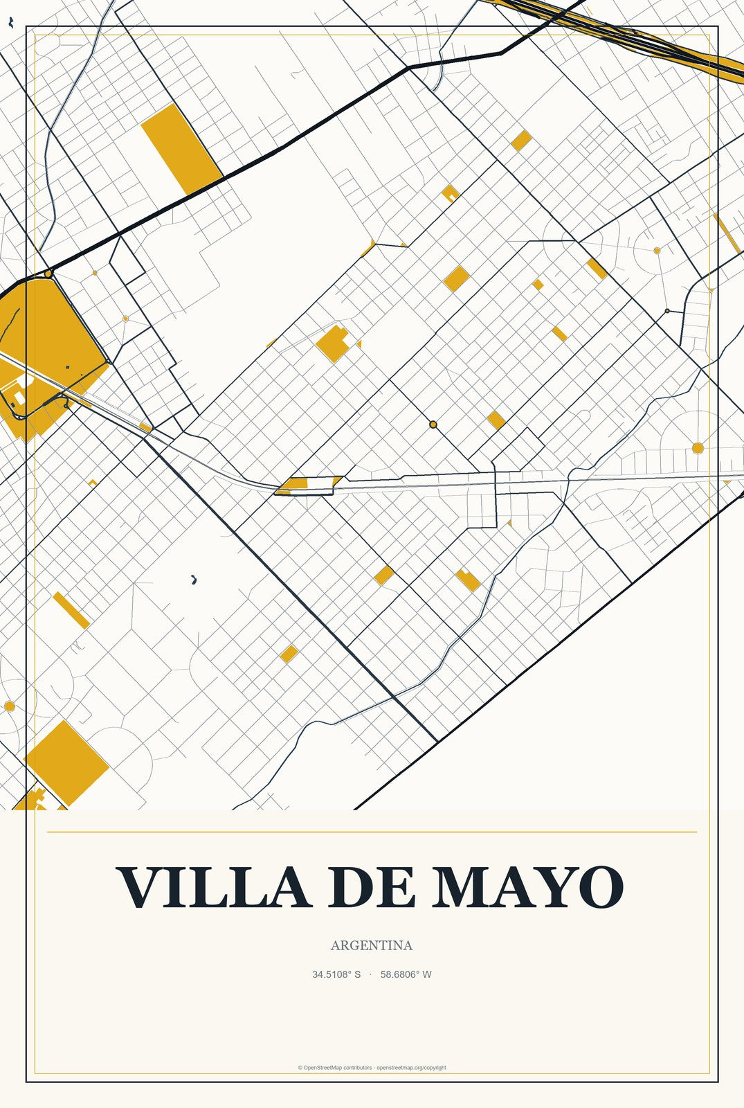 Villa de Mayo, Argentina City Map Aluminum Sign in Citrine Modern style