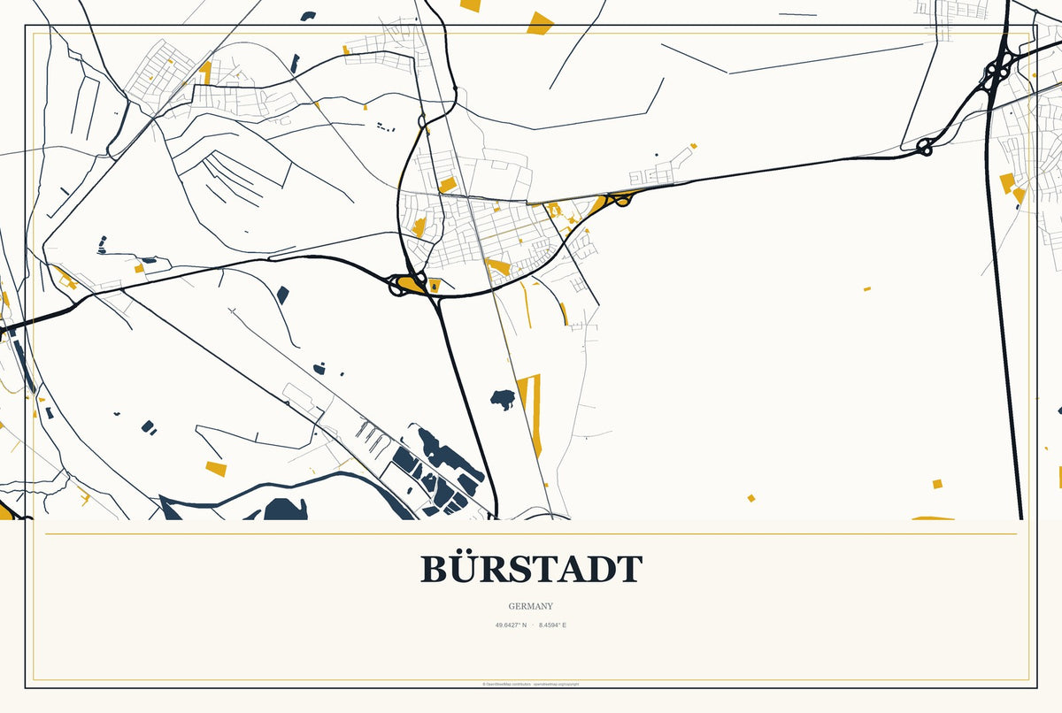 Bürstadt, Germany City Map Aluminum Sign in Citrine Modern style