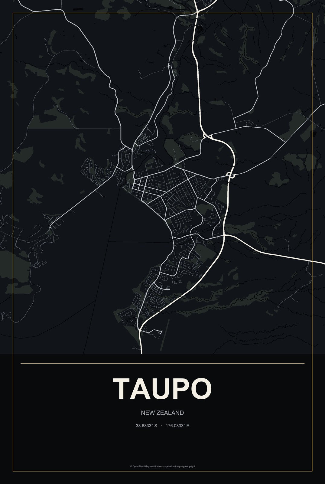 Taupo, New Zealand City Map Aluminum Sign in Metropolitan Noir style