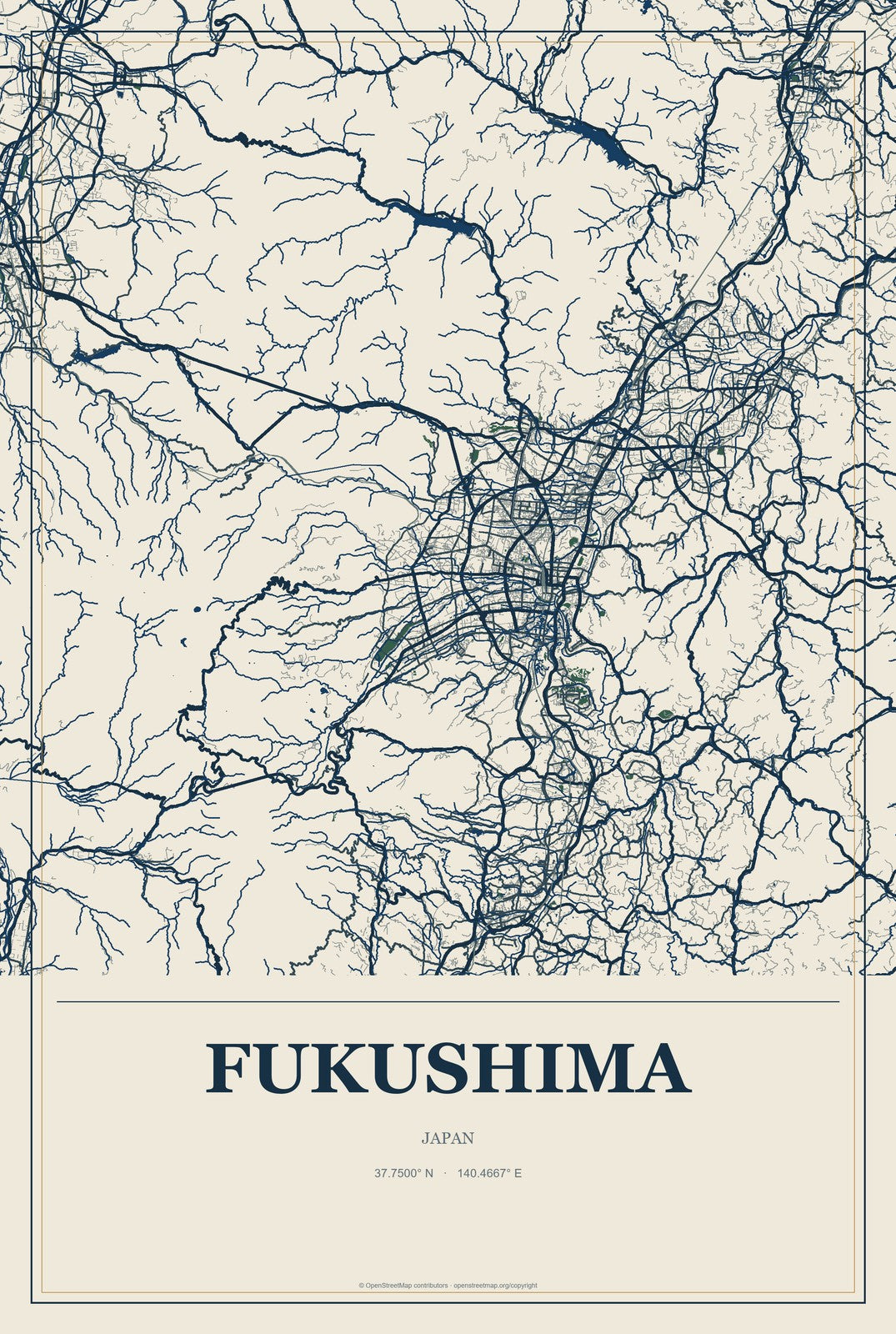 Fukushima, Japan City Map Aluminum Sign in Coastal Cutout style