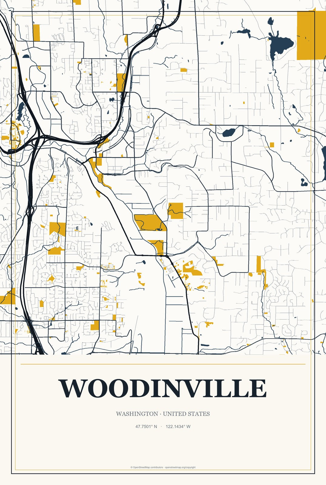 Woodinville, Washington City Map Aluminum Sign in Citrine Modern style