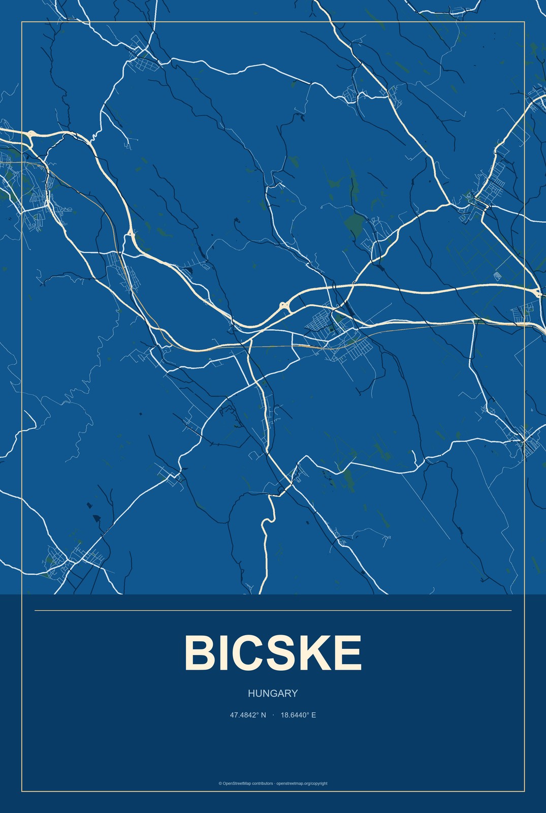 Bicske, Hungary City Map Aluminum Sign in Harbor Cobalt style