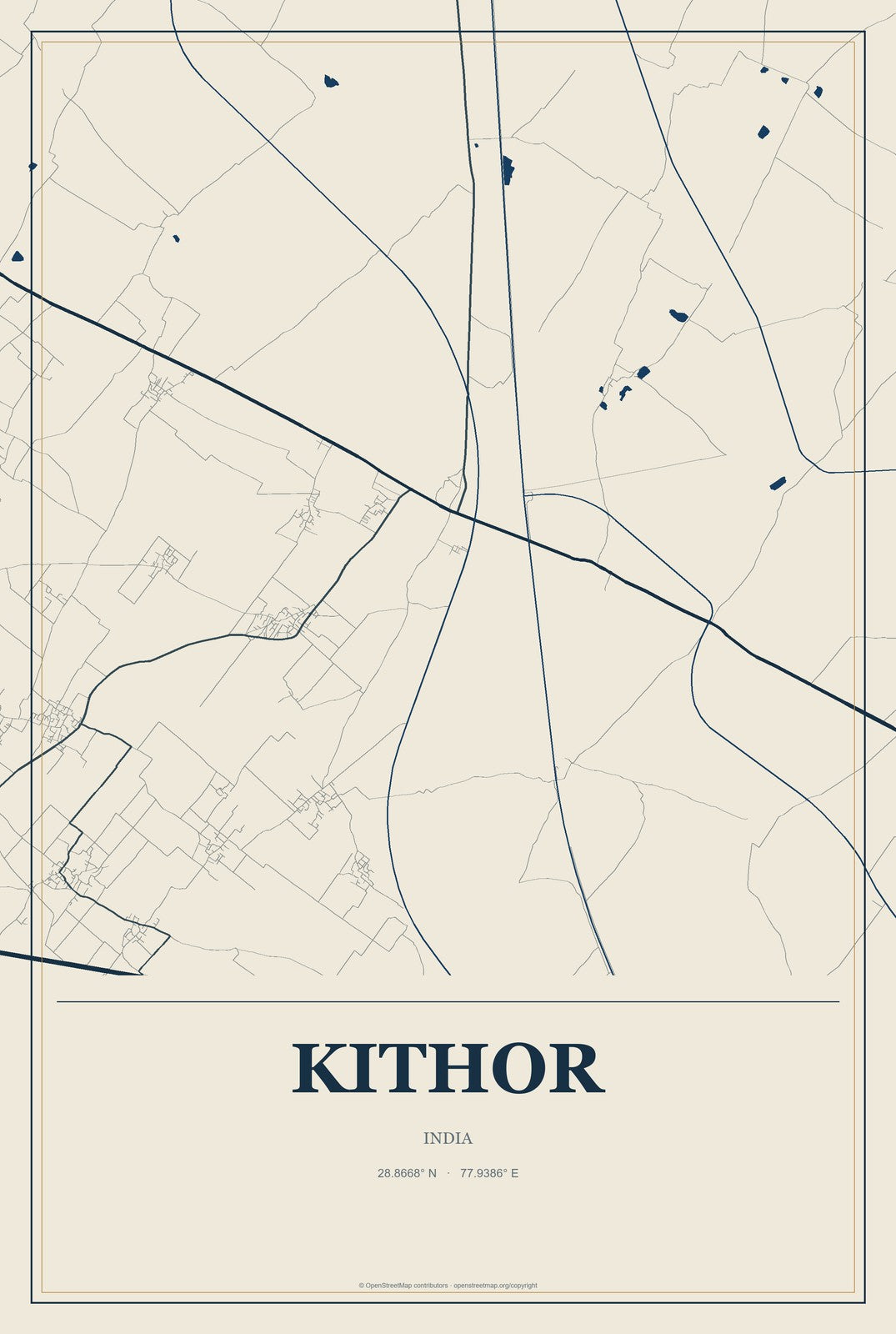 Kithor, India City Map Aluminum Sign in Coastal Cutout style