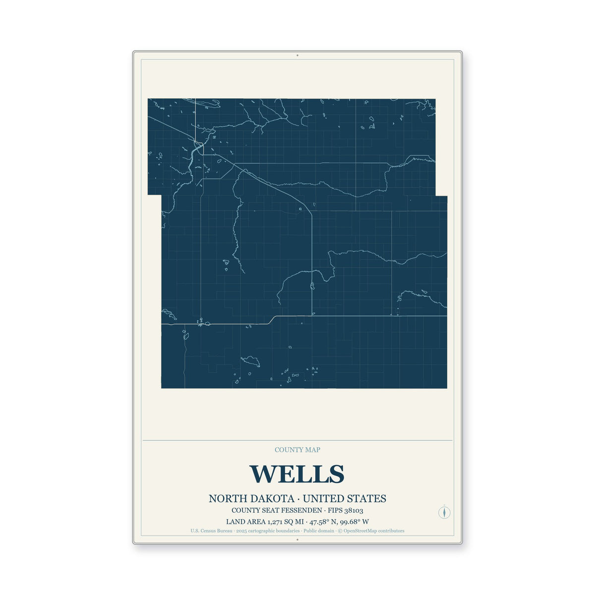 Wells County, North Dakota Map Aluminum Sign in Coastal Cutout style