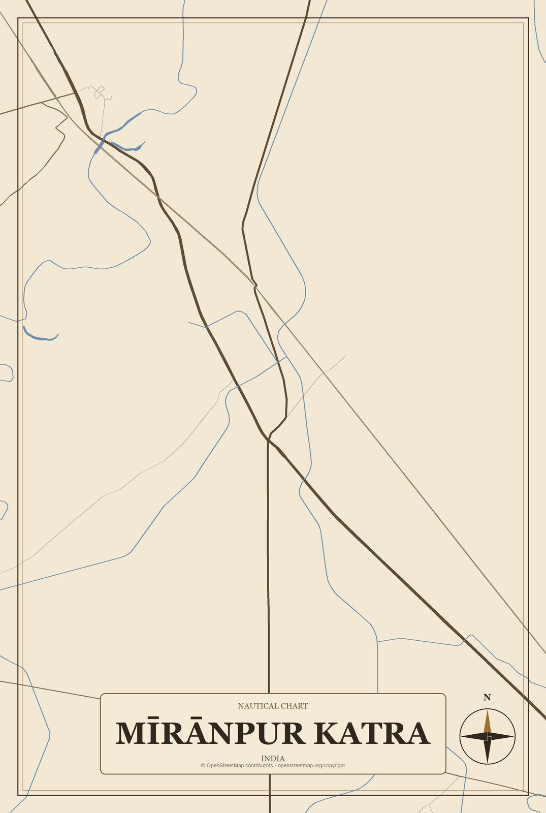 Mīrānpur Katra, India City Map Aluminum Sign in Heritage Nautical style