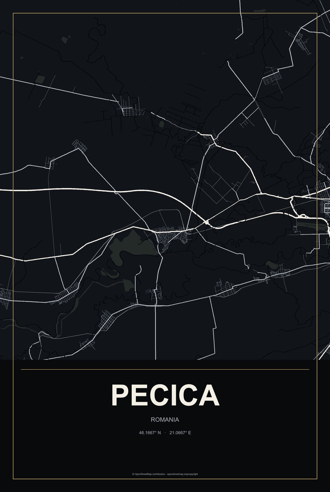 Pecica, Romania City Map Aluminum Sign in Metropolitan Noir style