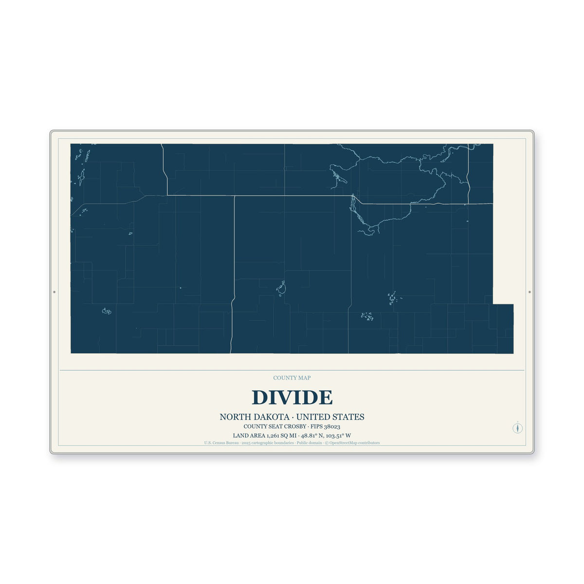 Divide County, North Dakota Map Aluminum Sign in Coastal Cutout style