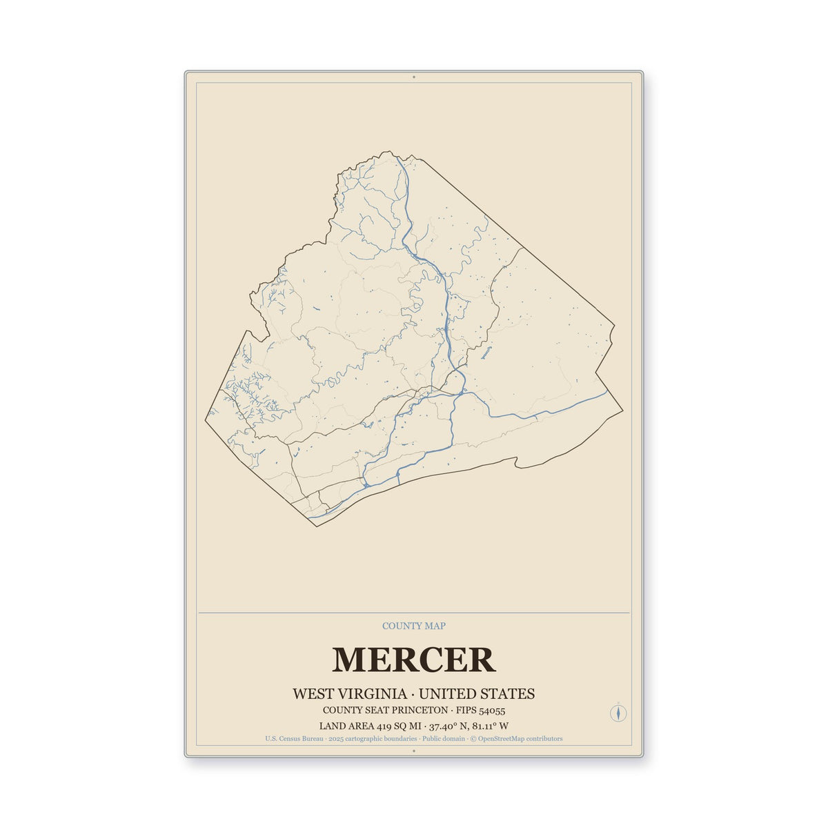 Mercer County, West Virginia Map Aluminum Sign in Heritage Nautical style