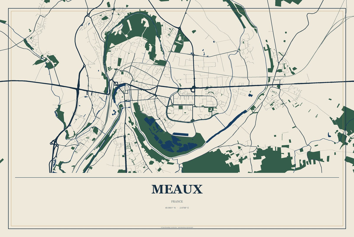 Meaux, France City Map Aluminum Sign in Coastal Cutout style
