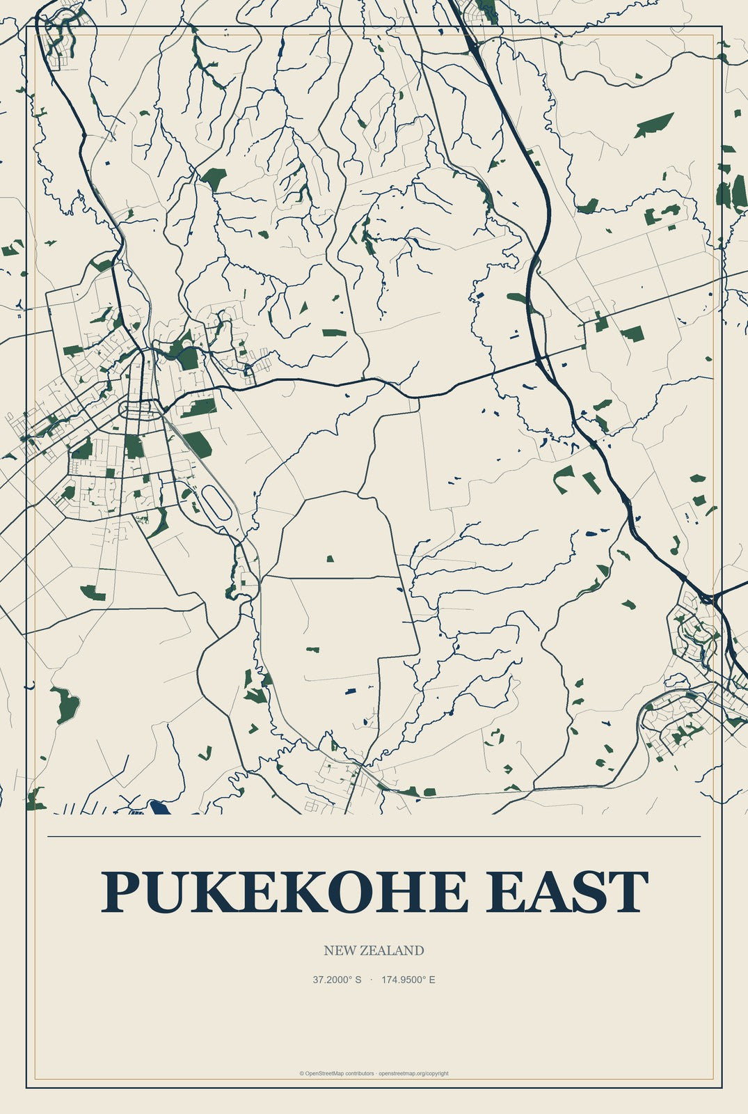 Pukekohe East, New Zealand City Map Aluminum Sign in Coastal Cutout style