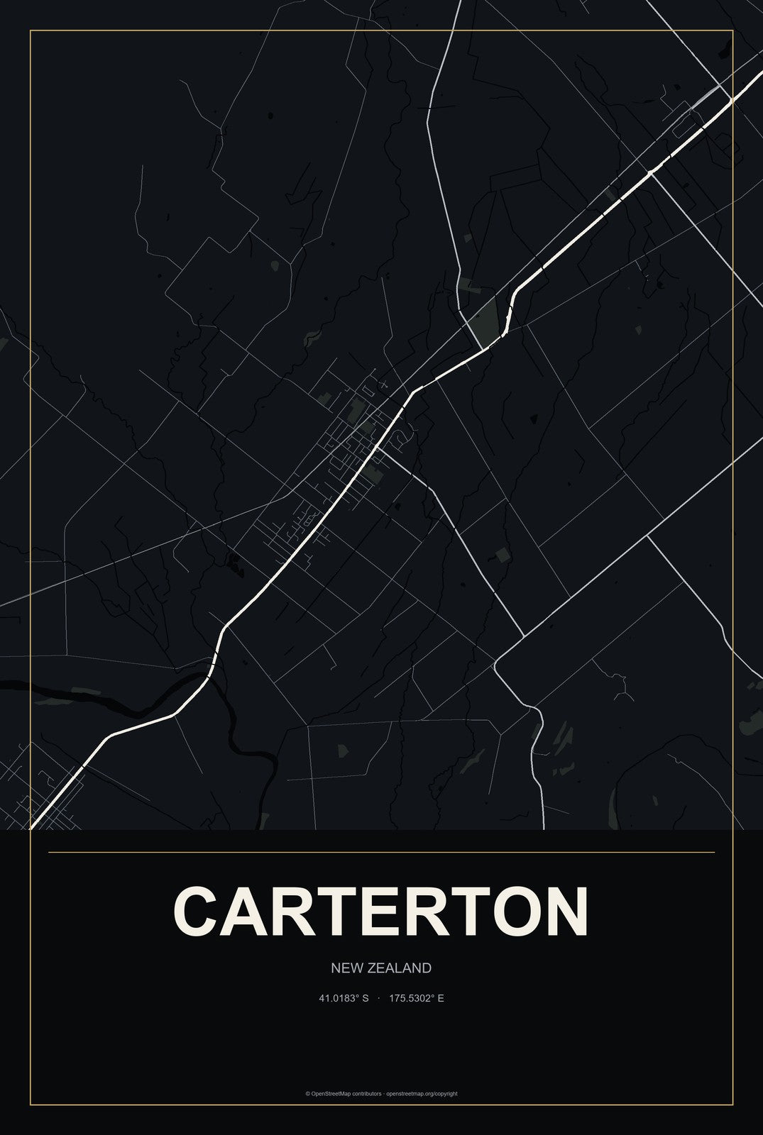 Carterton, New Zealand City Map Aluminum Sign in Metropolitan Noir style