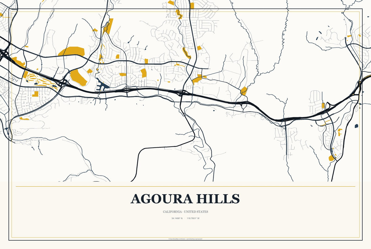 Agoura Hills, California City Map Aluminum Sign in Citrine Modern style