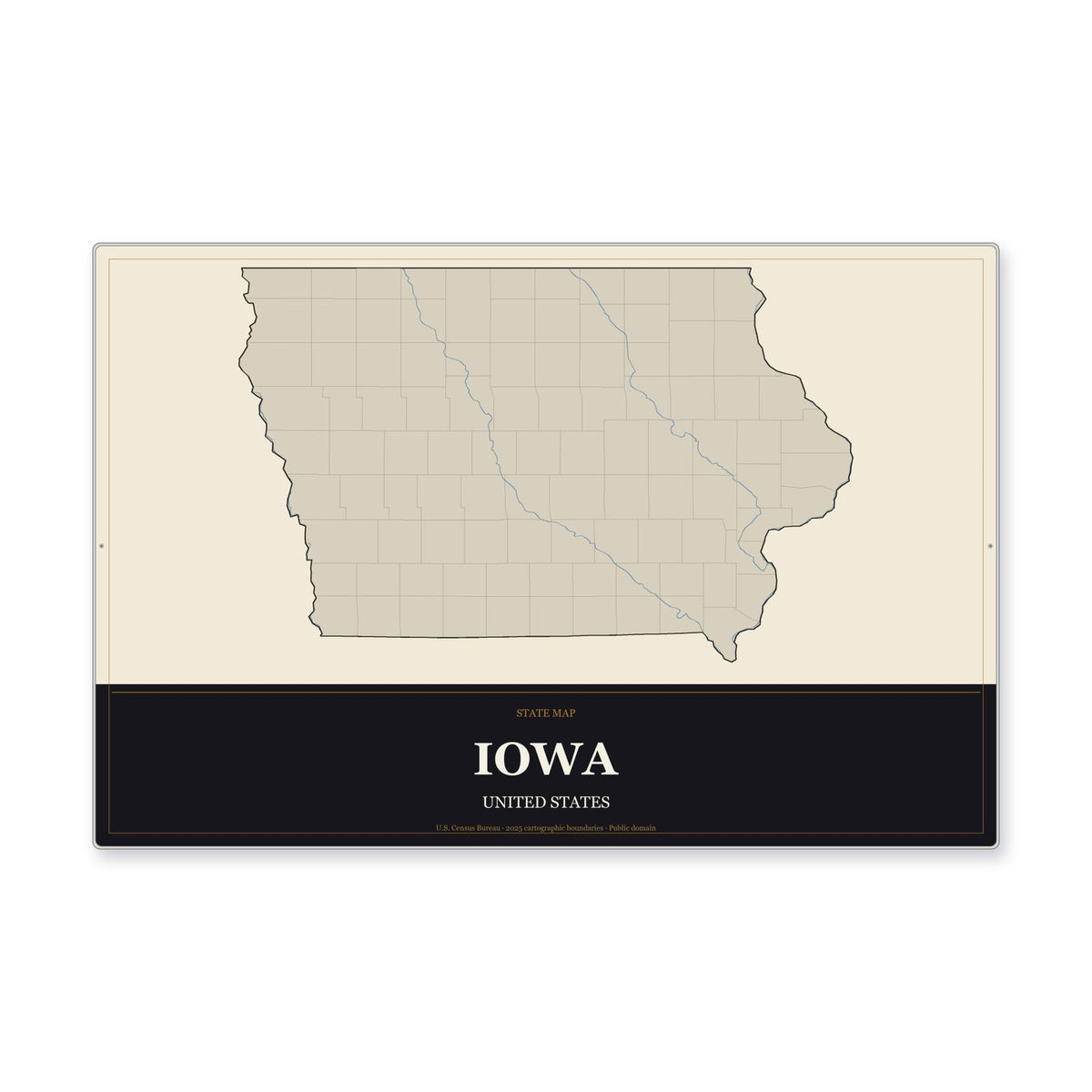 Iowa state map aluminum sign in Museum Plaque style