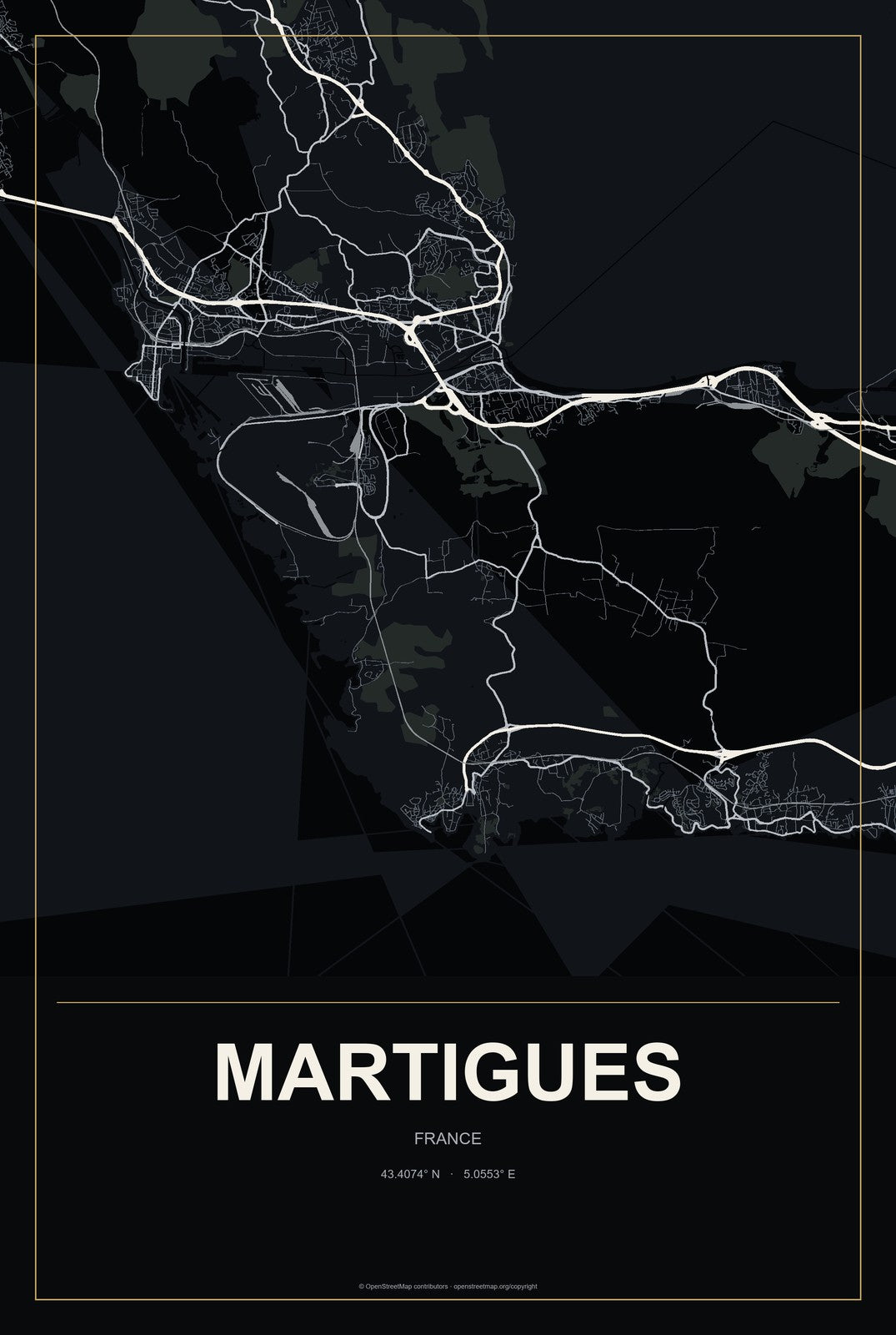 Martigues, France City Map Aluminum Sign in Metropolitan Noir style