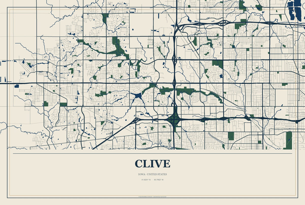 Clive, Iowa City Map Aluminum Sign in Coastal Cutout style
