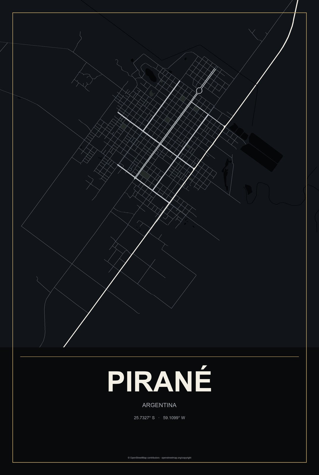 Pirané, Argentina City Map Aluminum Sign in Metropolitan Noir style