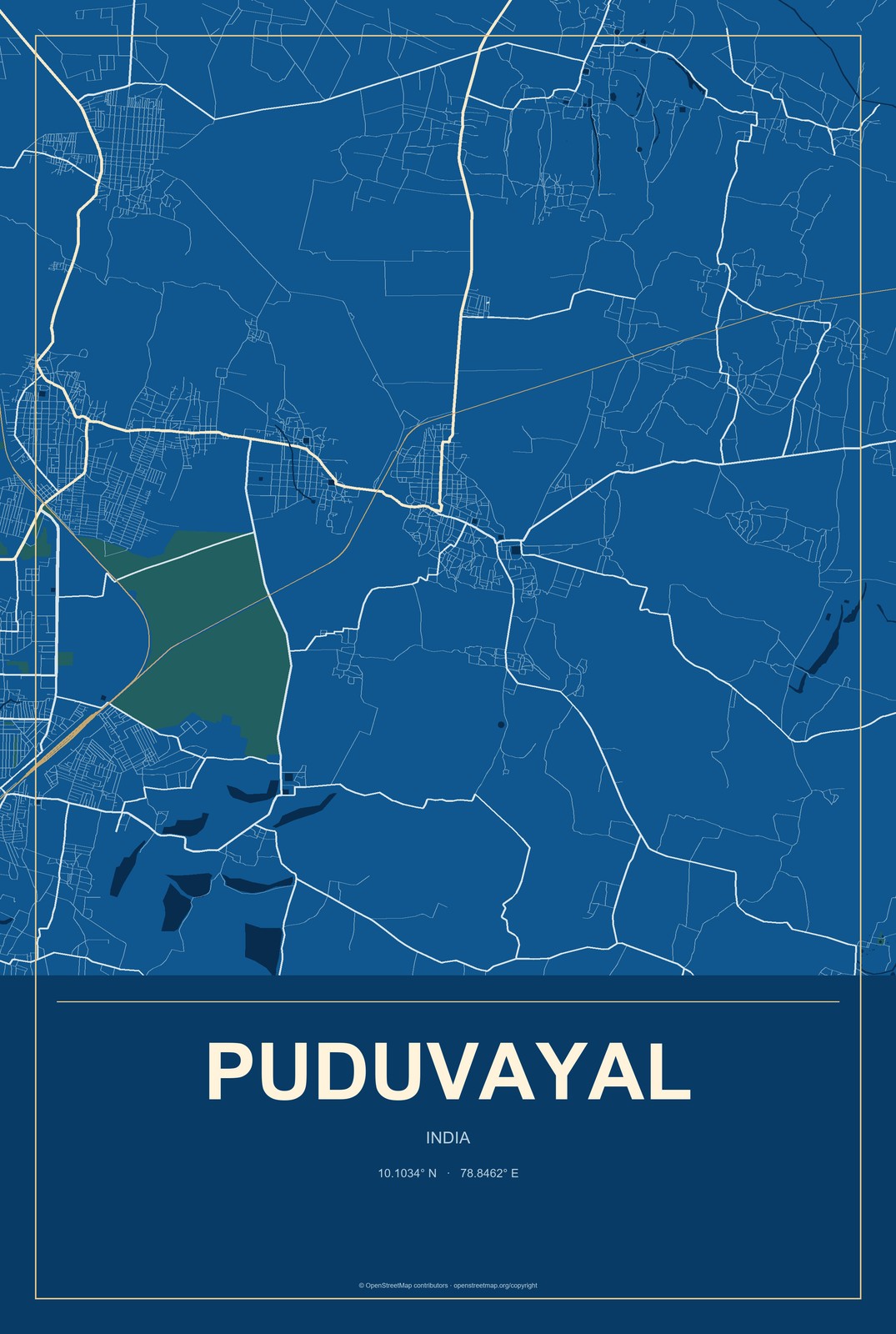 Puduvayal, India City Map Aluminum Sign in Harbor Cobalt style