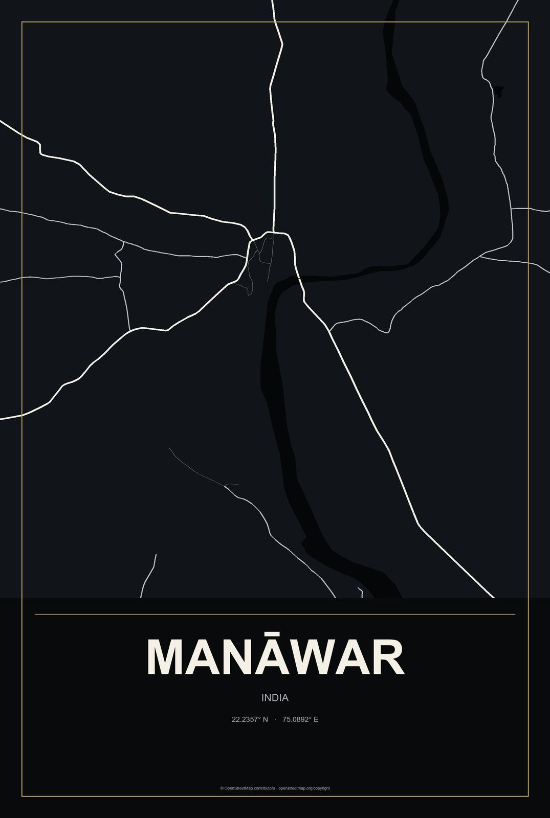 Manāwar, India City Map Aluminum Sign in Metropolitan Noir style