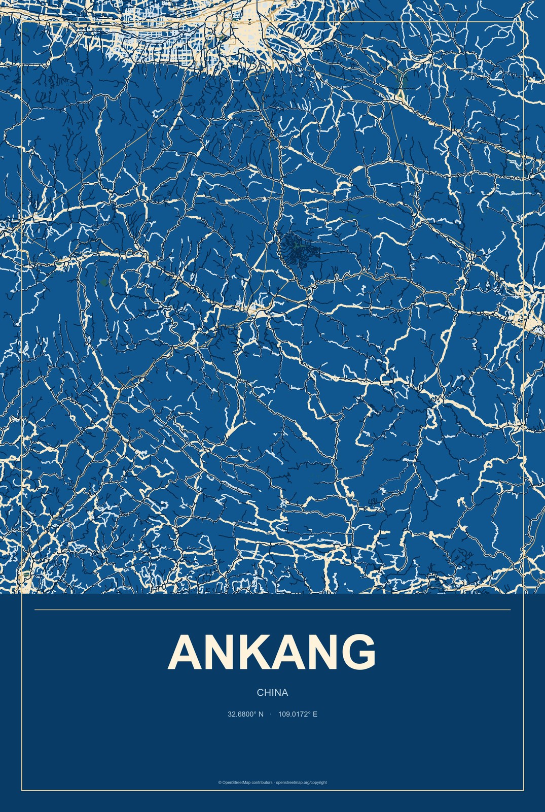 Ankang, Shaanxi, China City Map Aluminum Sign in Harbor Cobalt style