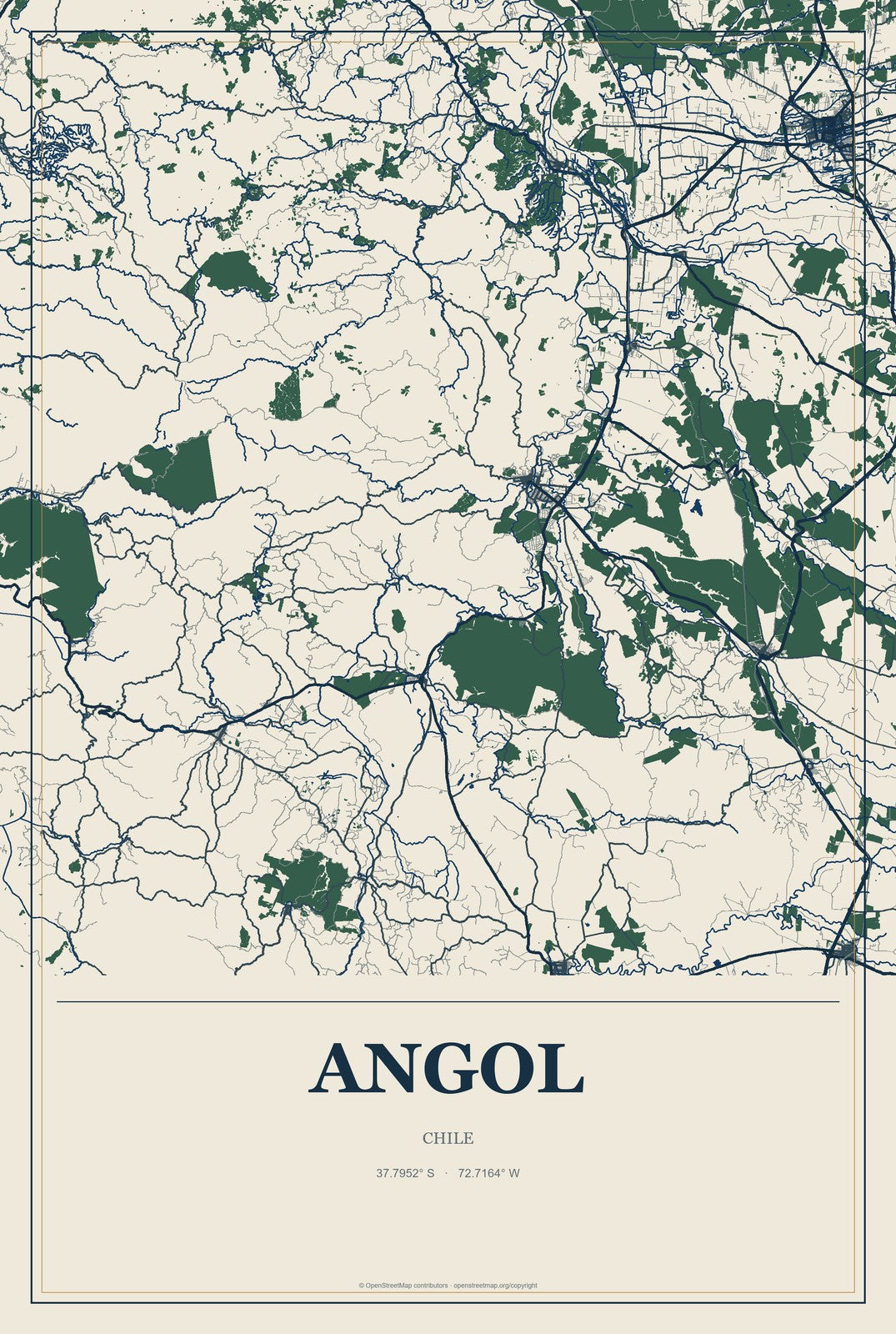 Angol, Chile City Map Aluminum Sign in Coastal Cutout style