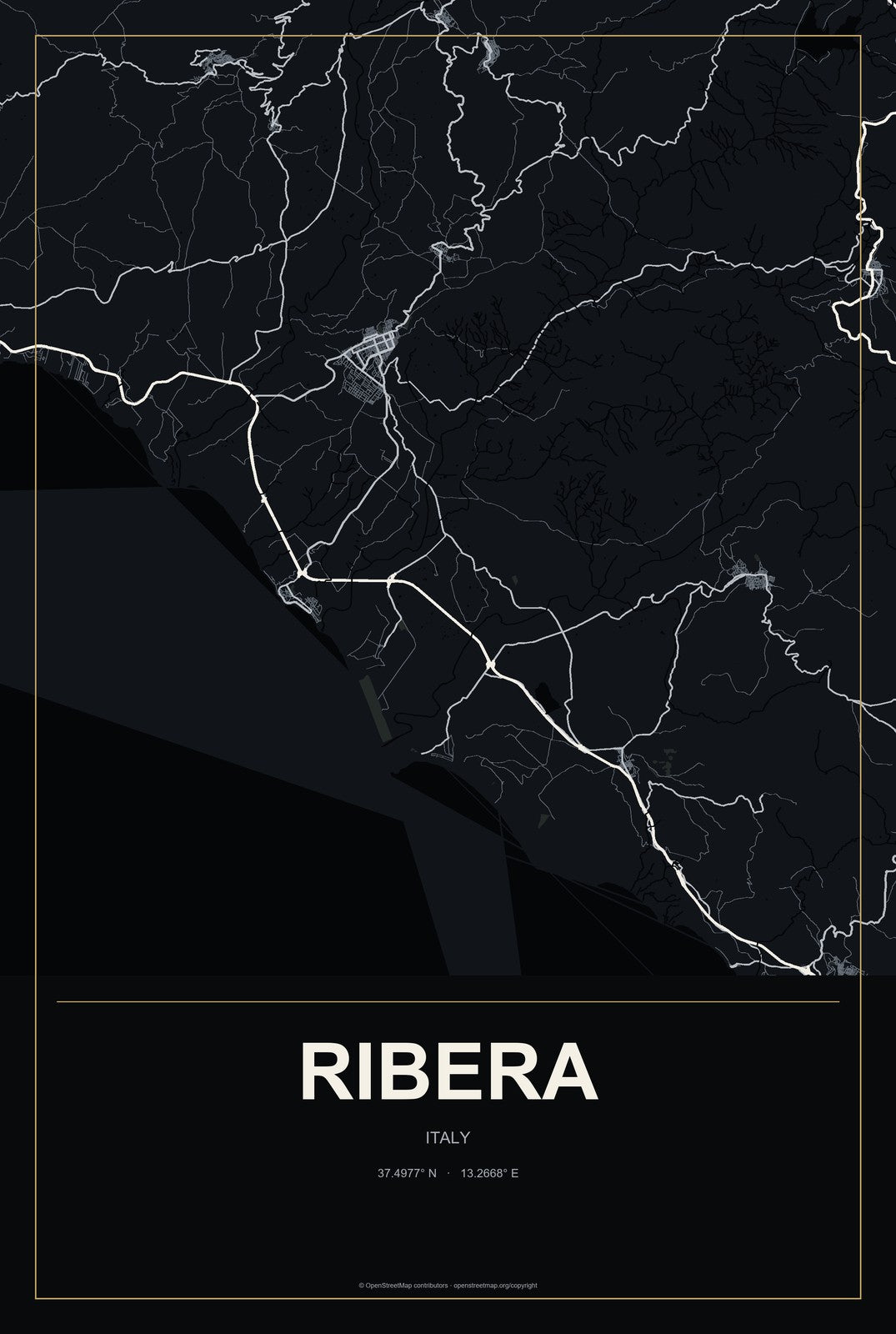 Ribera, Italy City Map Aluminum Sign in Metropolitan Noir style