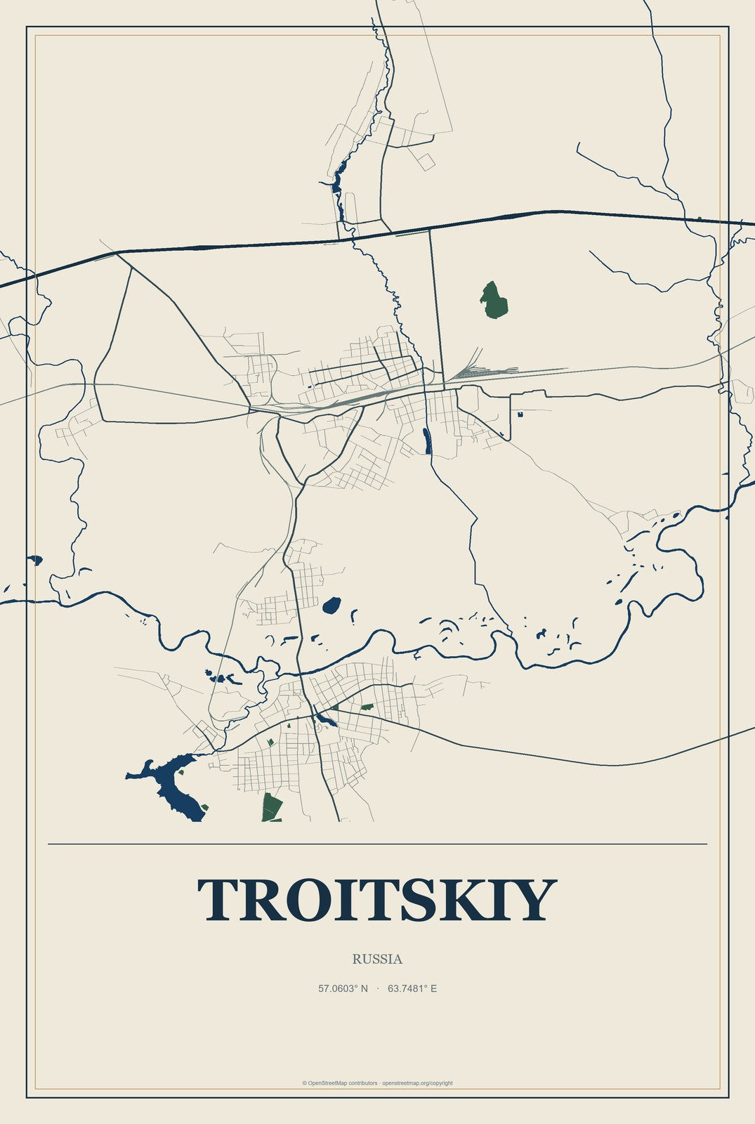 Troitskiy, Russia City Map Aluminum Sign in Coastal Cutout style