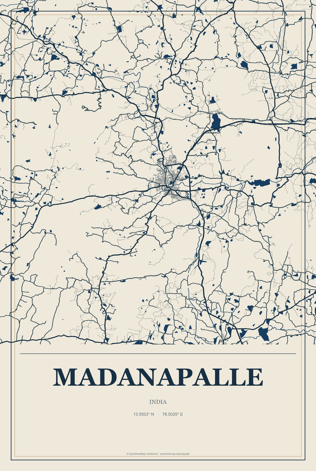 Madanapalle, India City Map Aluminum Sign in Coastal Cutout style