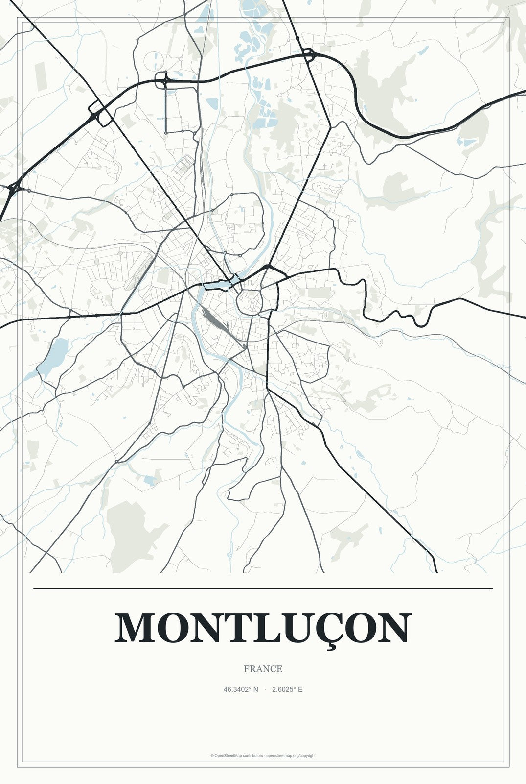 Montluçon, France City Map Aluminum Sign in Gallery Air style