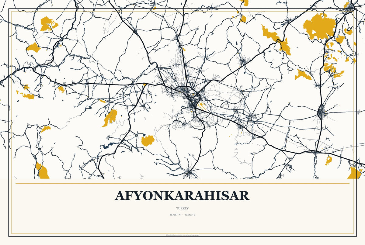 Afyonkarahisar, Turkey City Map Aluminum Sign in Citrine Modern style