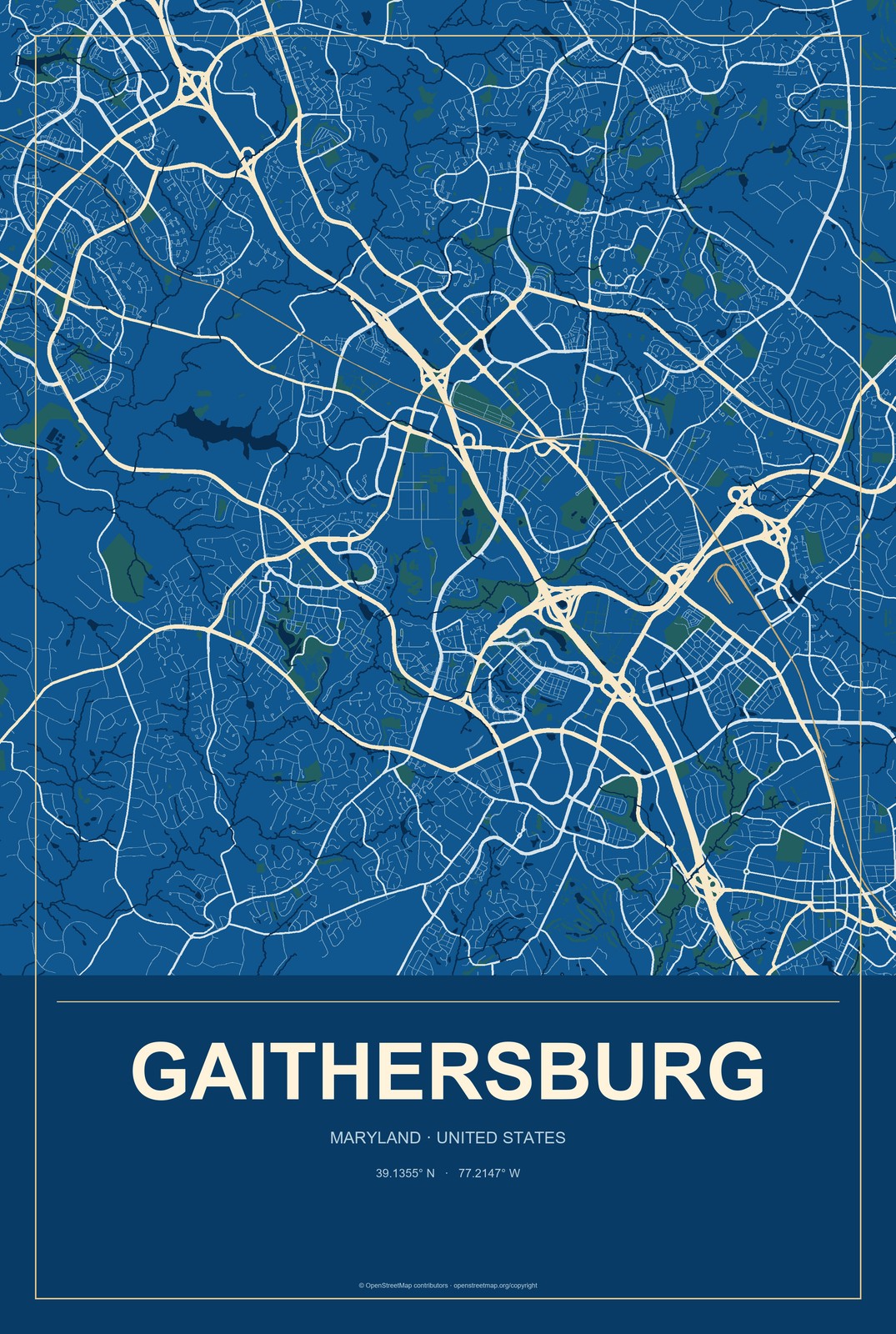 Gaithersburg, Maryland City Map Aluminum Sign in Harbor Cobalt style