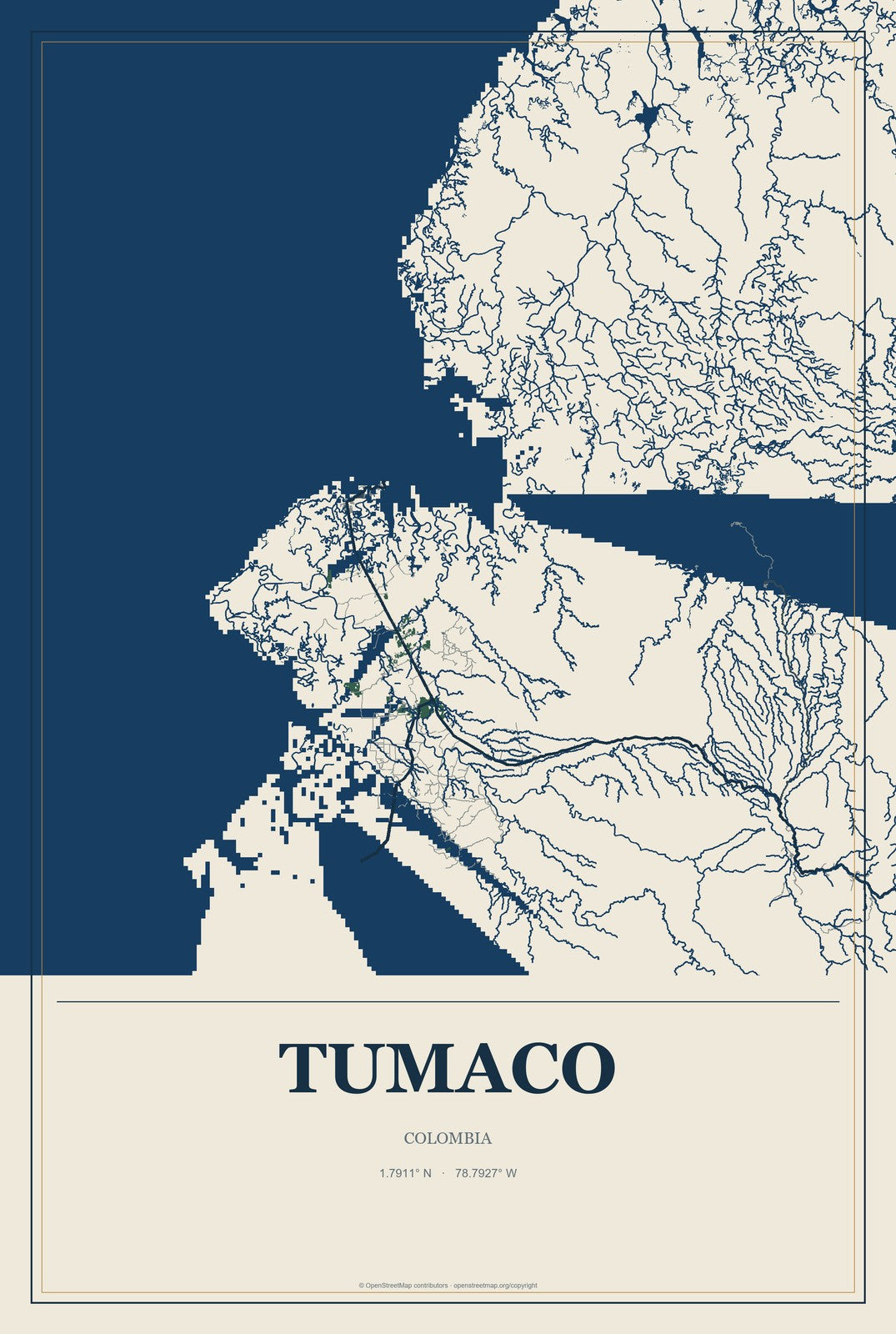 Tumaco, Colombia City Map Aluminum Sign in Coastal Cutout style