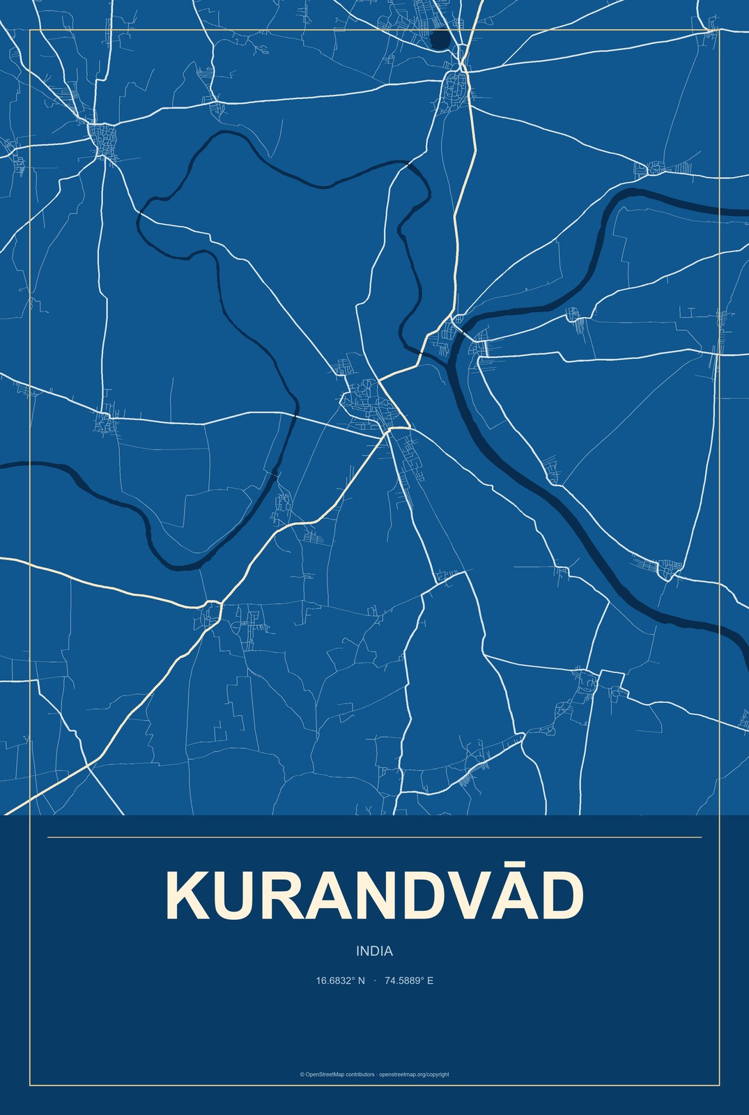 Kurandvād, India City Map Aluminum Sign in Harbor Cobalt style