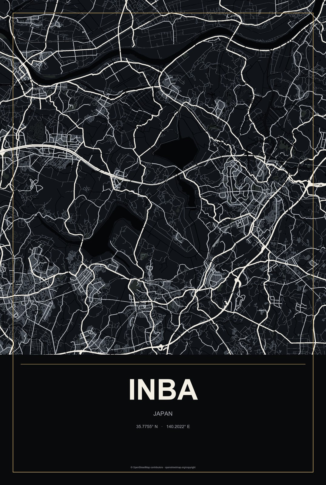 Inba, Japan City Map Aluminum Sign in Metropolitan Noir style