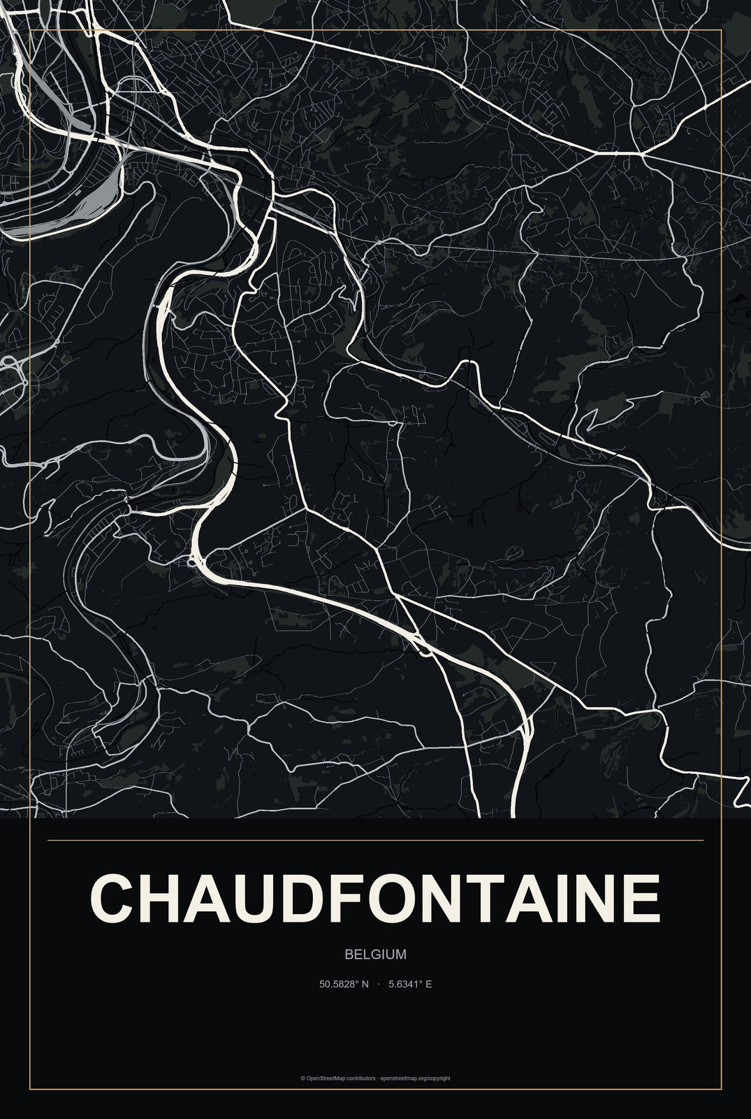 Chaudfontaine, Belgium City Map Aluminum Sign in Metropolitan Noir style