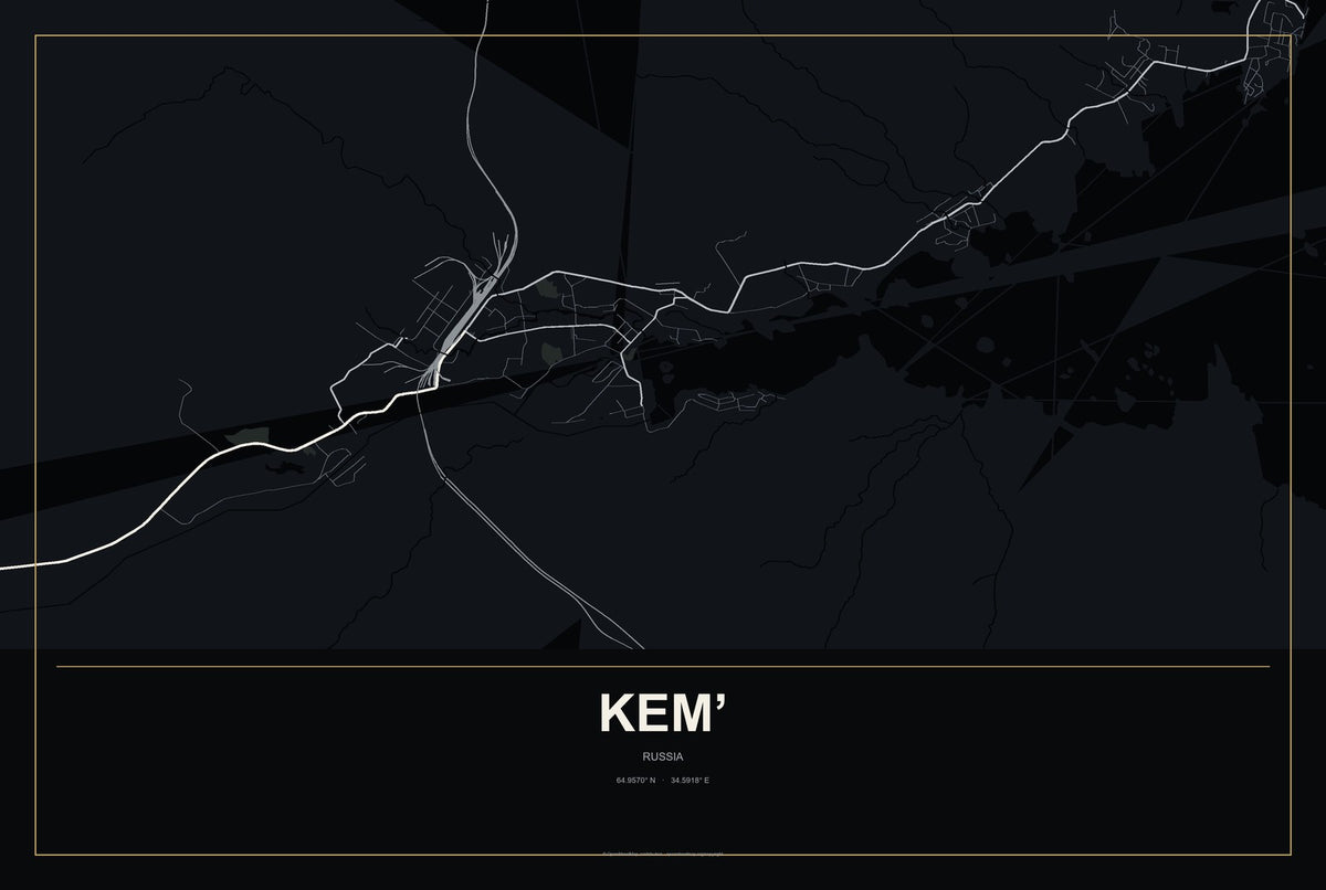 Kem’, Russia City Map Aluminum Sign in Metropolitan Noir style