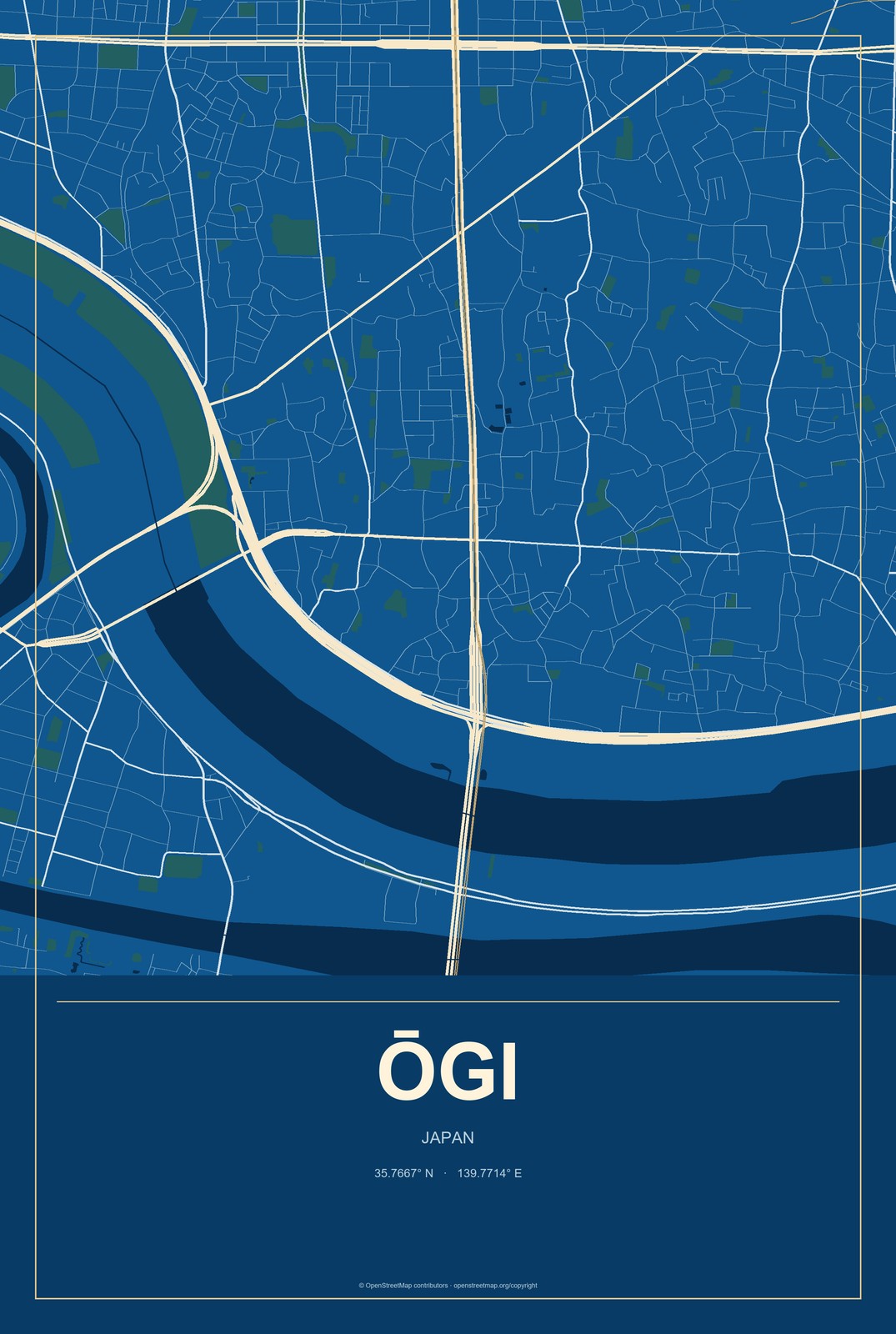 Ōgi, Japan City Map Aluminum Sign in Harbor Cobalt style