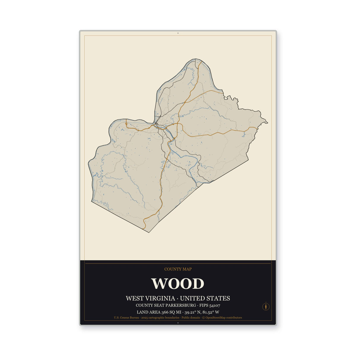 Wood County, West Virginia Map Aluminum Sign in Museum Plaque style