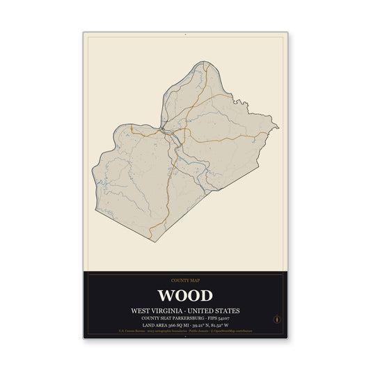 Wood County, West Virginia Map Aluminum Sign in Museum Plaque style