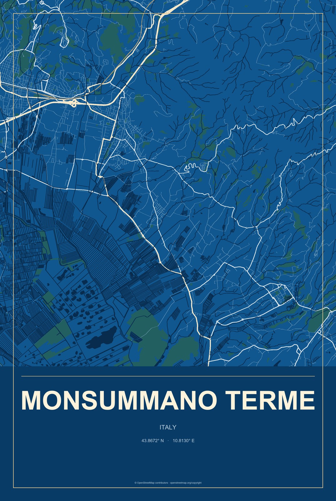 Monsummano Terme, Italy City Map Aluminum Sign in Harbor Cobalt style