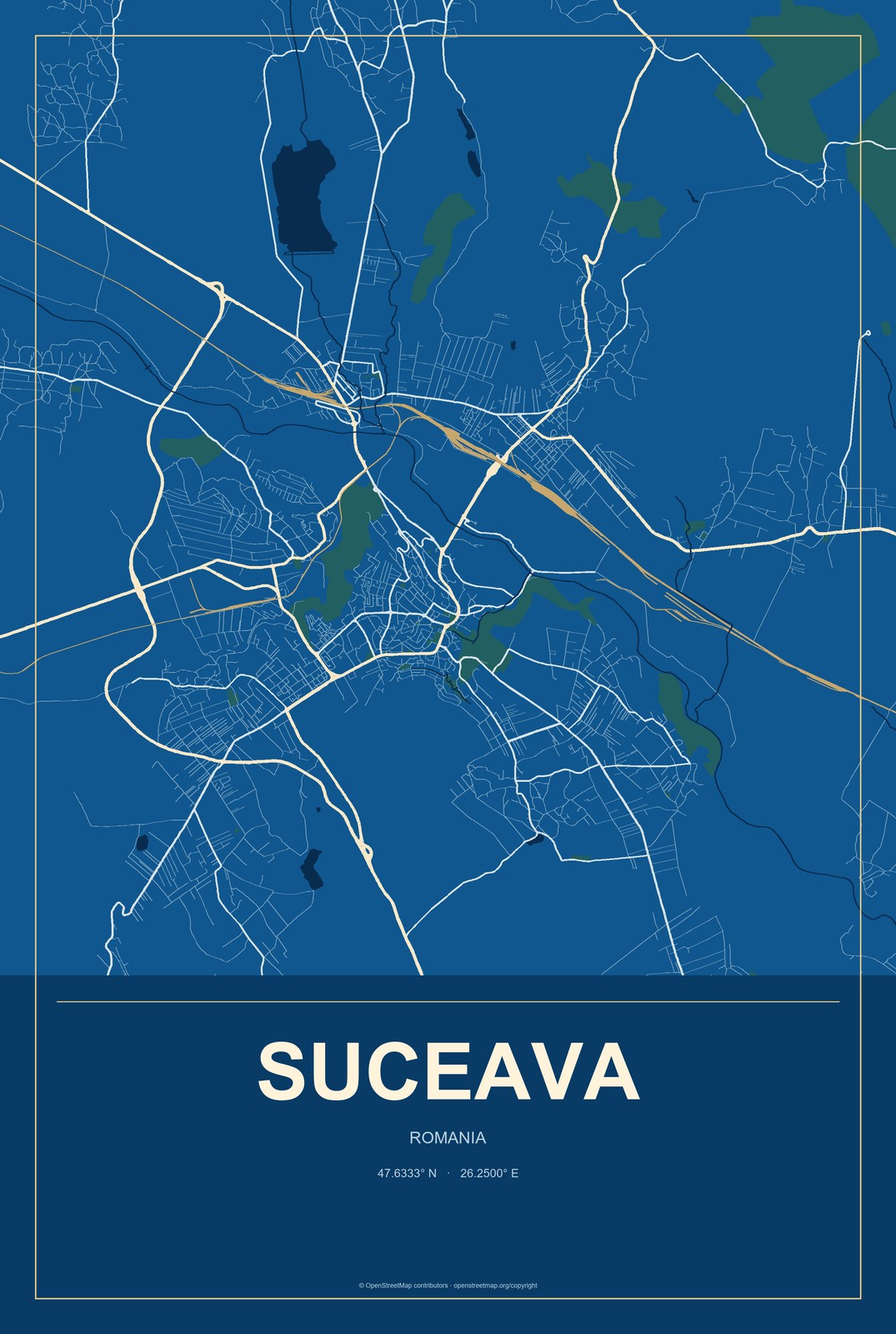 Suceava, Romania City Map Aluminum Sign in Harbor Cobalt style