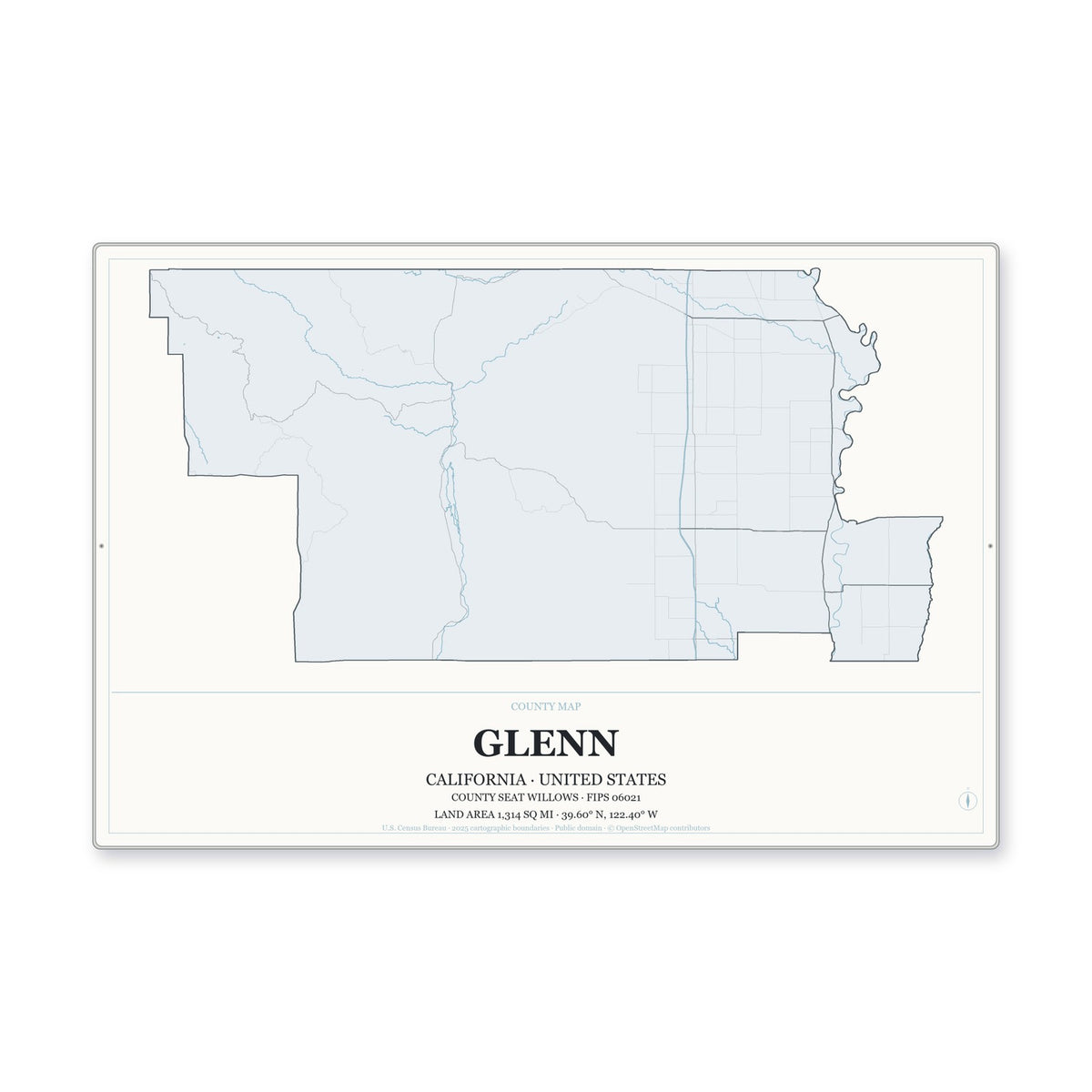 Glenn County, California Map Aluminum Sign in Gallery Air style