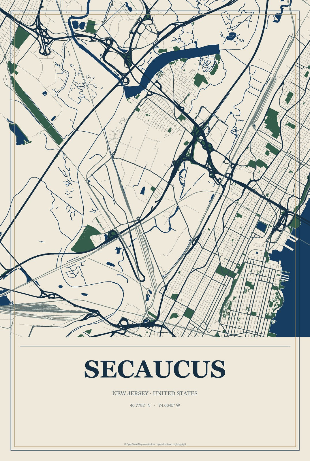 Secaucus, New Jersey City Map Aluminum Sign in Coastal Cutout style