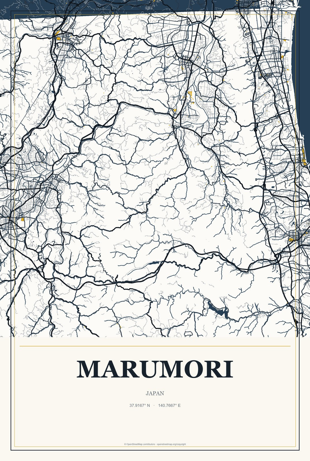 Marumori, Japan City Map Aluminum Sign in Citrine Modern style