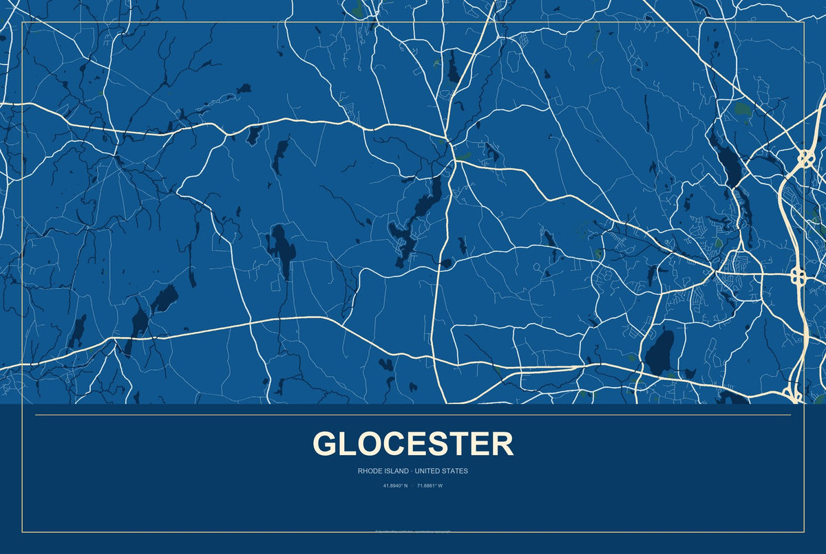 Glocester, Rhode Island City Map Aluminum Sign in Harbor Cobalt style