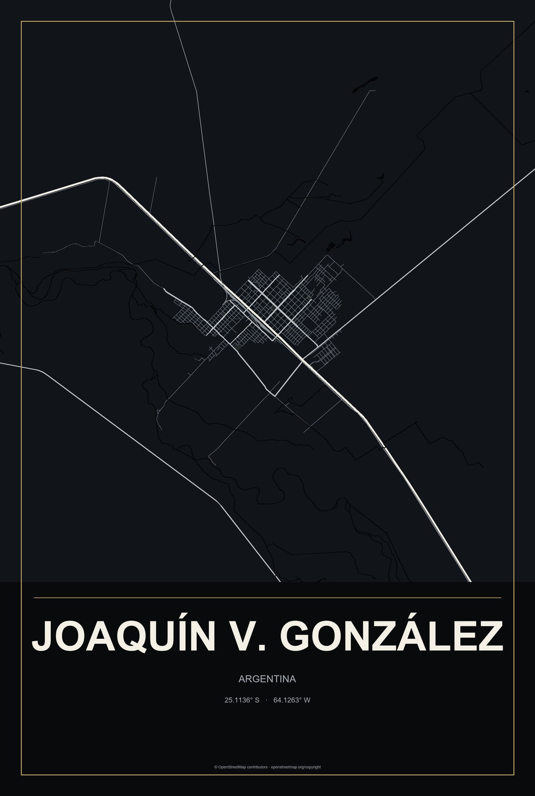 Joaquín V. González, Argentina City Map Aluminum Sign in Metropolitan Noir style
