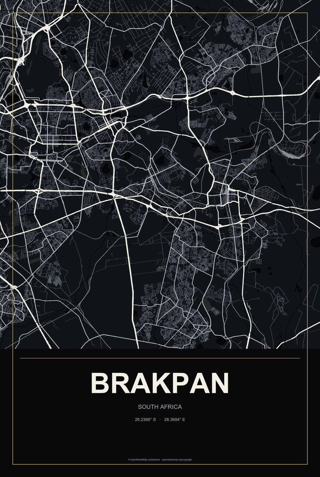 Brakpan, South Africa City Map Aluminum Sign in Metropolitan Noir style