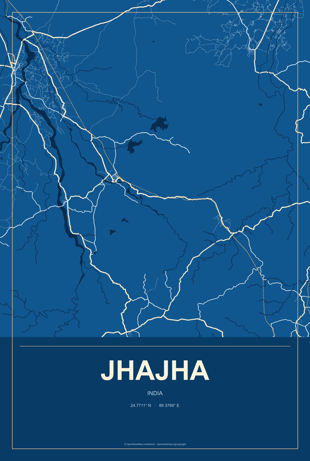 Jhajha, India City Map Aluminum Sign in Harbor Cobalt style